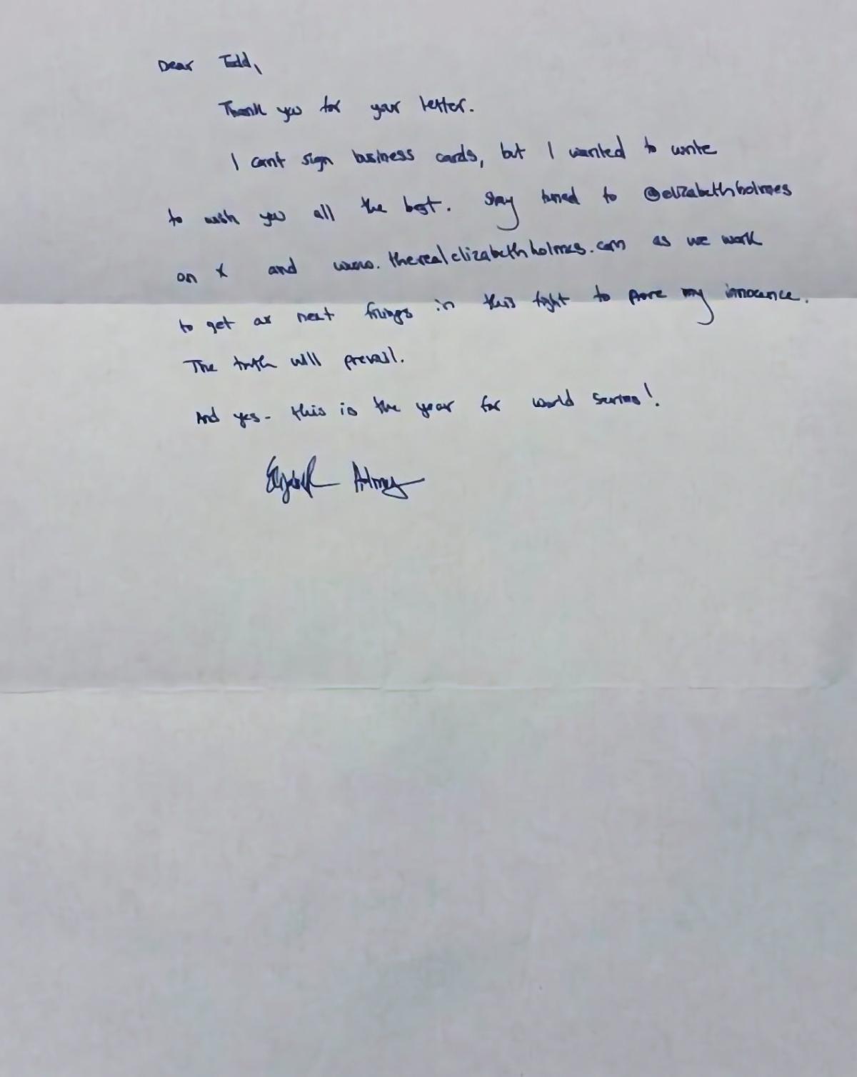 Letter received from Elizabeth Holmes while in prison at FPC Bryan Federal Prison Camp in Bryan, TX.